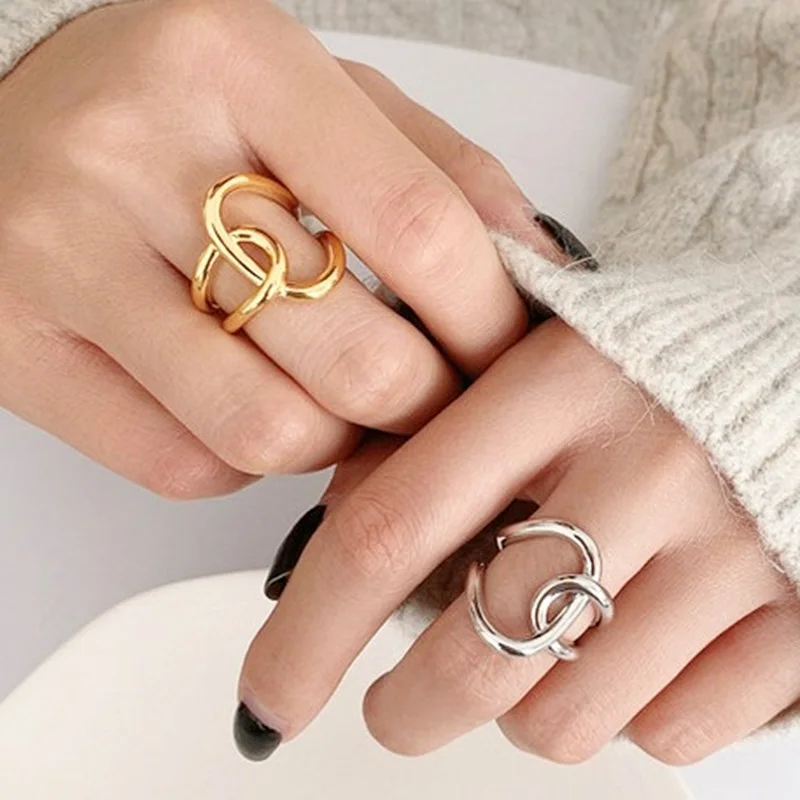 

Простое Двухслойное металлическое Открытое кольцо с узлом в Корейском стиле, темпераментное женское кольцо на указательный палец, модные ю...