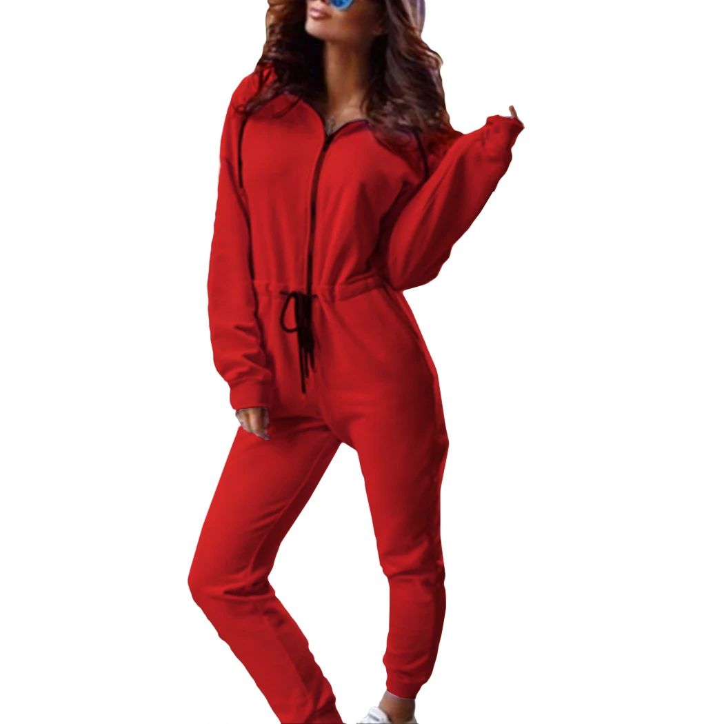 Chestnut Red Женские комбинезоны, спортивный костюм, повседневный комбинезон с длинным рукавом и капюшоном, длинные штаны для фитнеса, женские комбинезоны с карманами на молнии, спортивная одежда - Цвет: Chestnut Red