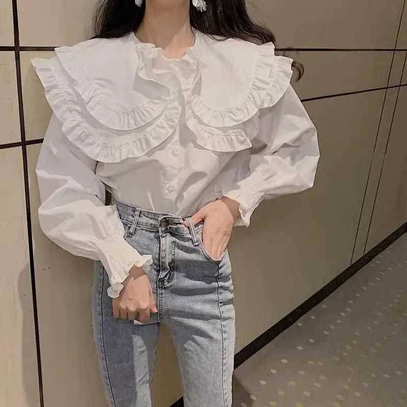 

Office White Peter Pan Collar Women Blouse 2021 Vintage Ruffles Shirt Basic Casual Tunic Top Elegant Lady Button Up Shirt Women