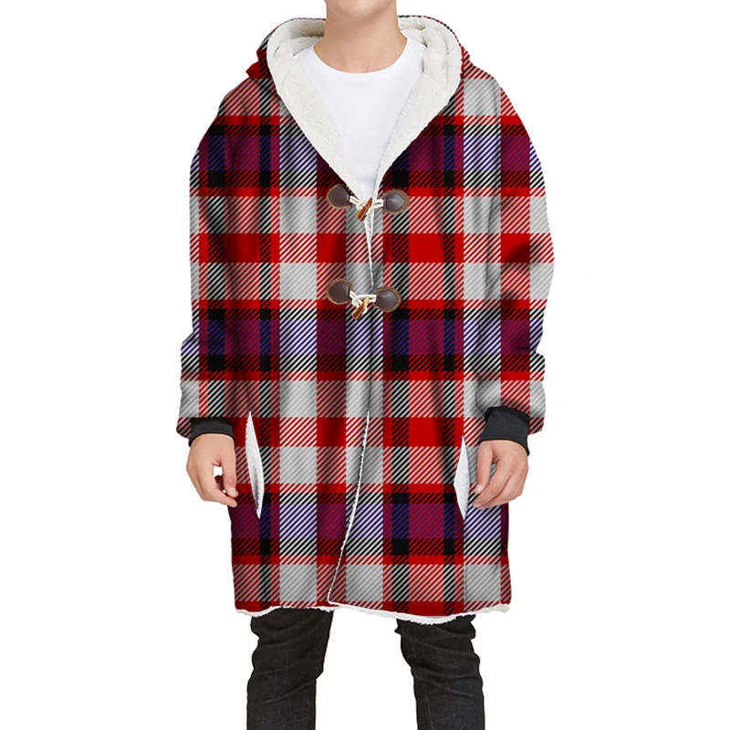 

3d Men Coat Red Plaid Printing Coat Casual Winter Loose Thicken Single-breasted Coat Hooded High Quality Coat XL-4XL