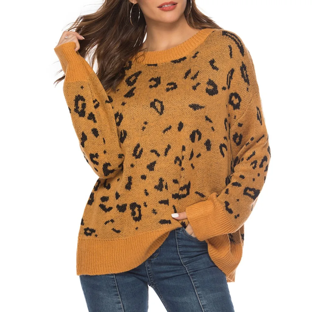women's sweater knitted KLV blouses woman 2019 Women's oversized leopard long-sleeved knit shirt top 9.4 | Женская одежда