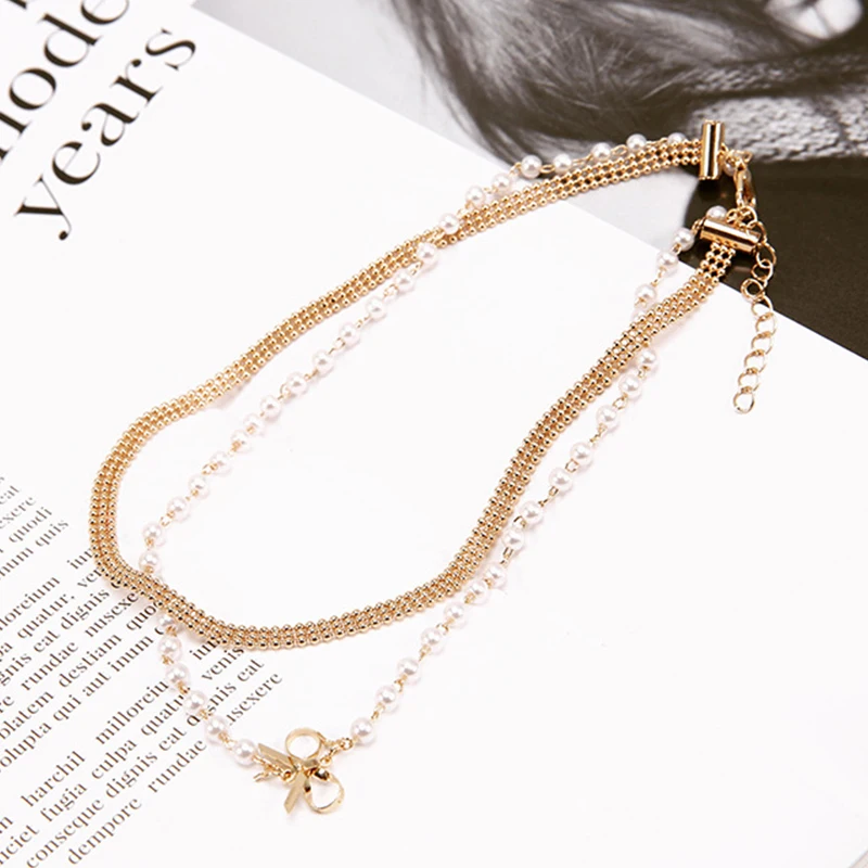Luxy Pearl Choker Necklace Double Layer Chain Gold Metal Bow Knot Pendant Neck Jewelry Collar White Beads Bijoux Femme | Украшения и