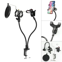 3 in 1 microphone stand phone clamp mount holder with microphone flexible windscreen arm bracket 360 degree stand accessory