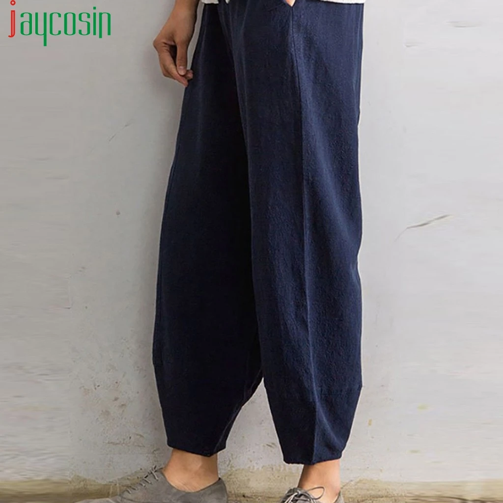 Women trousers cotton loose casual solid color high waist pants elastic band plus size running sports Ladies beach trouser | Женская
