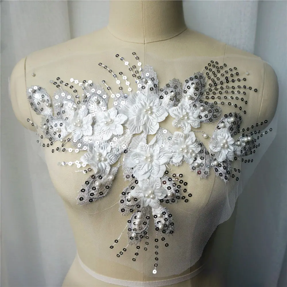 Синие белые красные блестки кисточка 3D цветок бисер кружево ткань вышитые