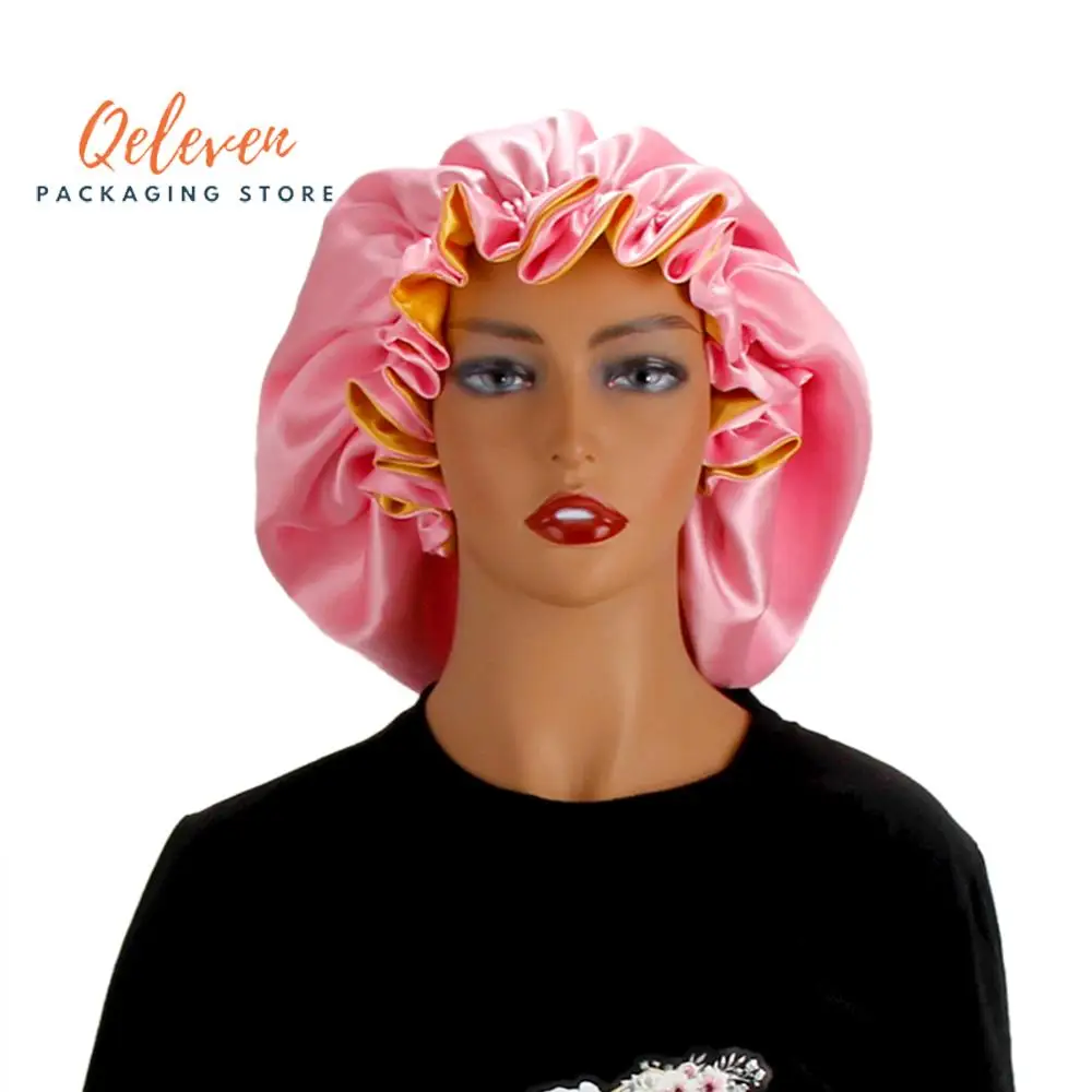 

Customize Reversible Double Layers Satin Bonnets Women Sleeping Protect Bonnet Virgin Hair Extentions Wig Caps With Logo