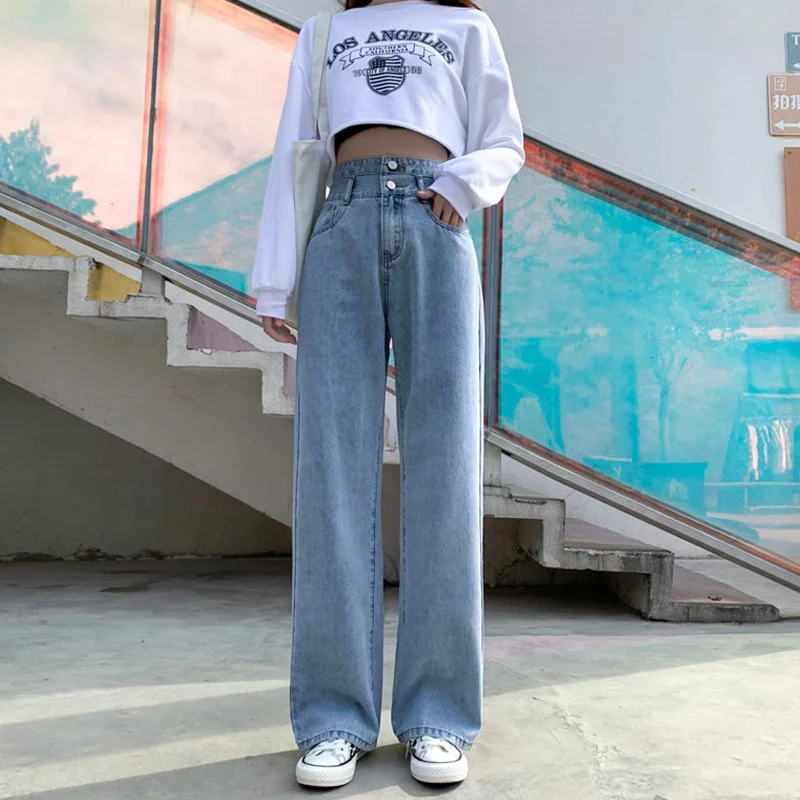 

SHZQ Straight Jeans Women Plus Size High Waisted Denim Pants Wide Leg Vintage Streetwear Full Length Trousers Spring Summer