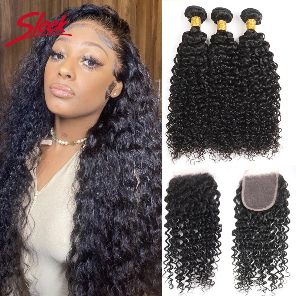 Sleek Indian Kinky Curly 3 Bundles With Closure Natural Remy Hair Bundles With Closure For Black Women Free Cheap