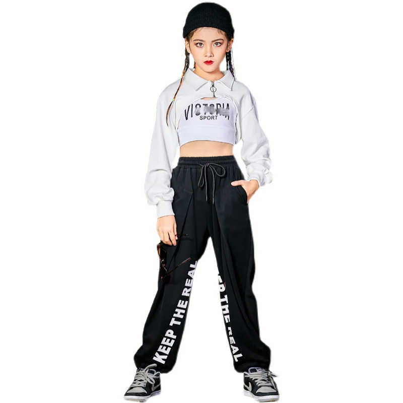 

2021 New Girls Ballroom Hip Hop Dance Clothes Children White Tops Hiphop Pants Stage Outfits Jazz Performance Costumes 120-170