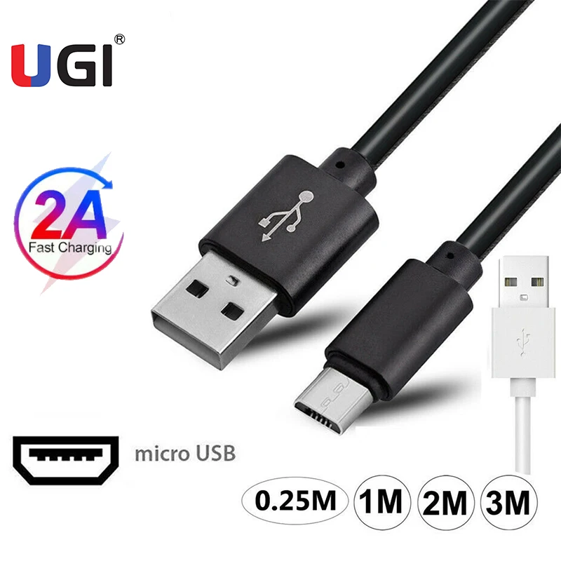 

UGI 2A Fast Charging Cable Lot For Samsung Huawei Xiaomi Oneplus+ Mobile Phone Data Sync Transfer Cable 0.25M/1M/2M/3M PVC Black