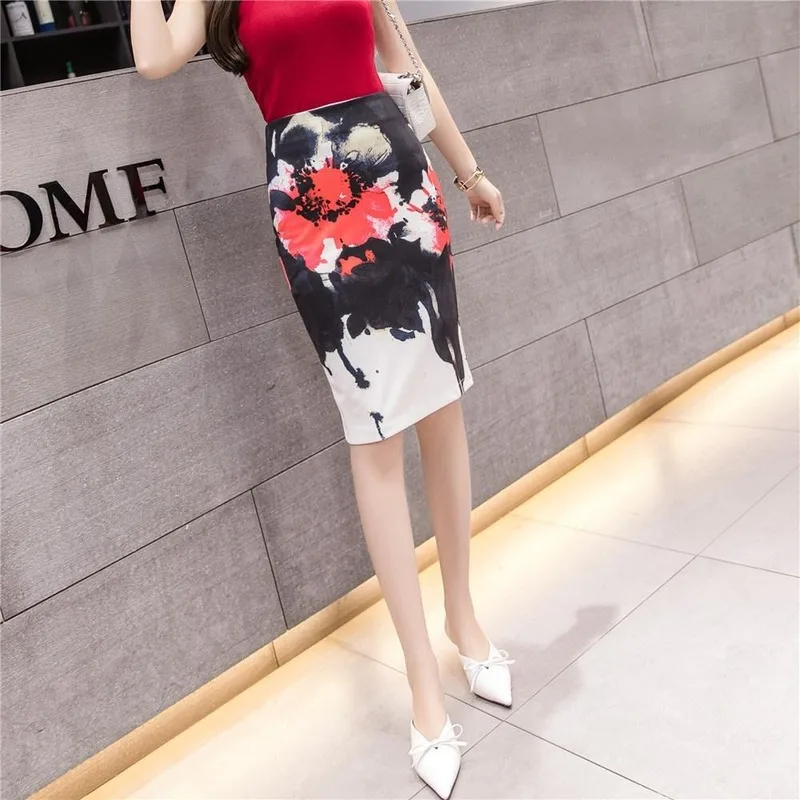 

2021 Summer New Women High Waist Printing Chic Slimming Sexy Elastic Female Vintage Knee Length Pencil One-step Skirts Y589
