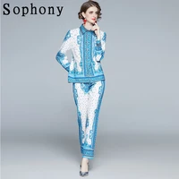 office lady two piece sets female turn down collar long sleeve shirt and long flower print pants ruwnay fashion suits s56587