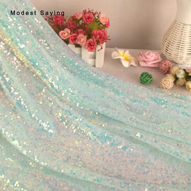 light green 1 ярд рыбные весы симфония Блестки Ткань для вечернего платья Свадебная вечеринка выпускной для DIY 3 мм Ластер блестящая ткань фон сетка - Цвет: light green