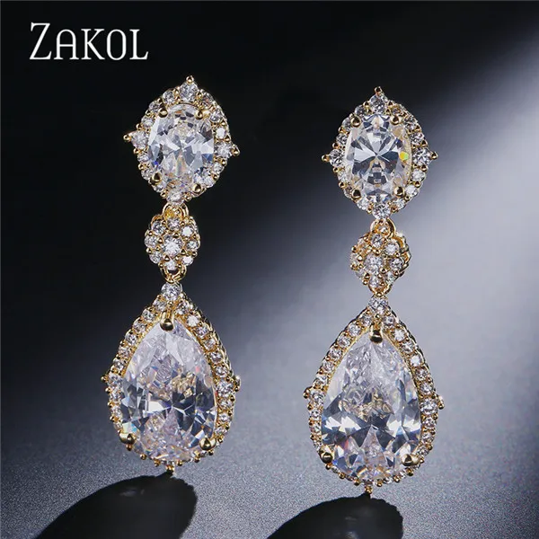 Gold Color ZAKOL элегантный AAA кубический цирконий каплевидные свисающие серьги, Кристалл Длинные украшения для свадьбы для невест FSEP2034 - Окраска металла: Gold Color