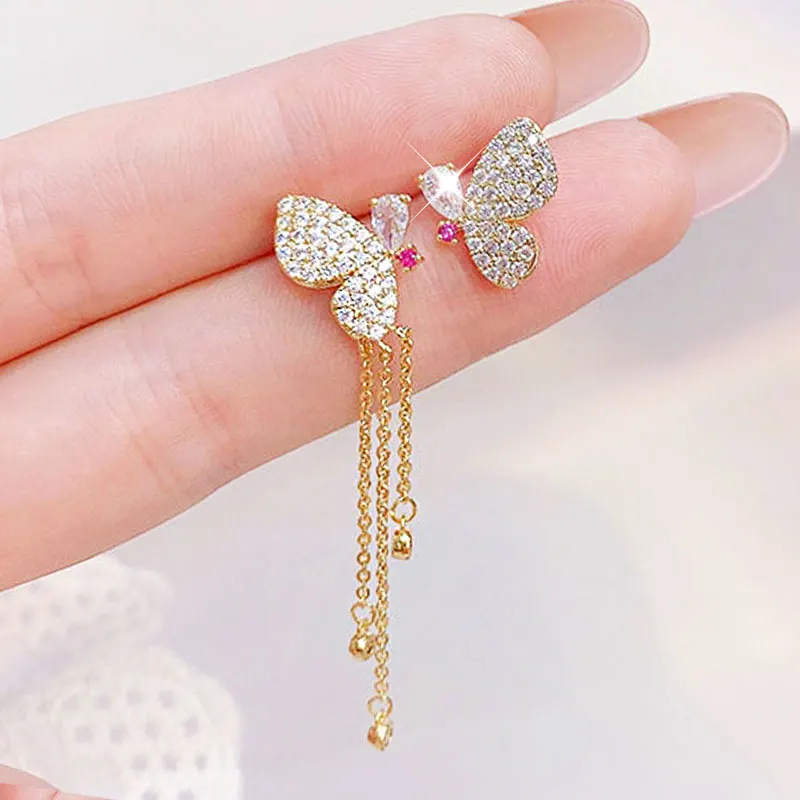 

YDL Colorful Zircon Earrings for Women Charm Butterfly Tassels Asymmetry Exquisite Lady Fine Jewelry Wedding Party Pendent