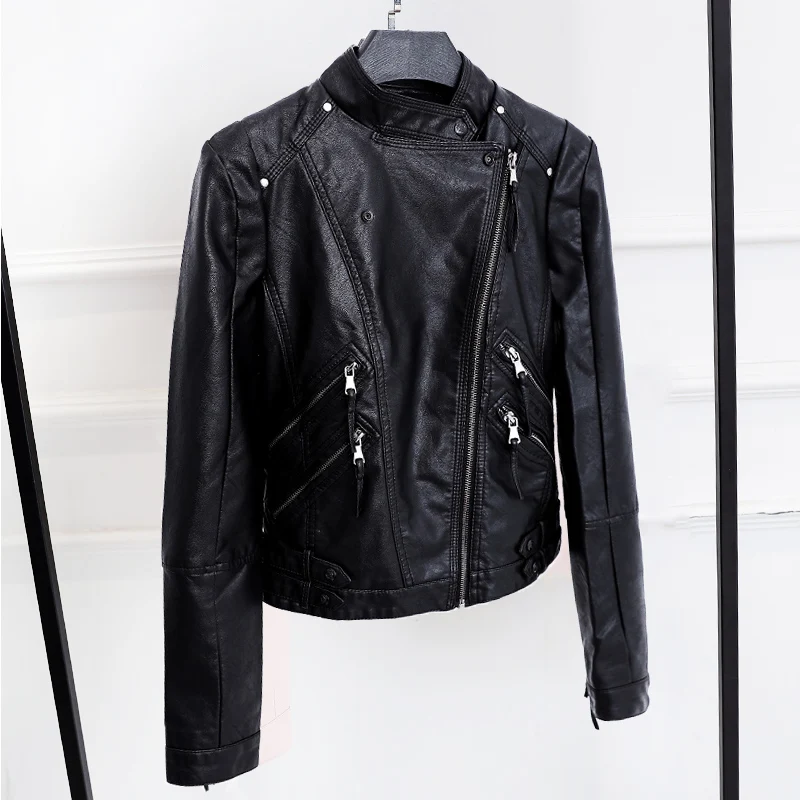 New Women Fashion Zipper Faux Leather Jacket Slim Long Sleeve Short Design Black Pink Motorcycle Pu Jacket enlarge