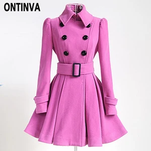 Женское шерстяное пальто, приталенное двубортное пальто черного цвета, с поясом, на зиму