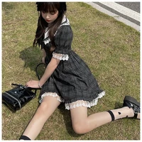 summer gothic lolita style mini dress women japanese sweet puff sleeve lace bow holiday plaid dress female chic punk dresses