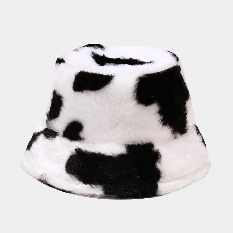 

cows faux fur winter hat cap casual thick warm women bucket hat fashion girl plush velvet panama printed vacation cap dropship