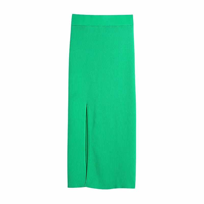 

REUL 2021 Women Chic Fashion Front Vents Green Midi Skirt Vintage Street Style High Waist Knit SET Female Skirts Mujer