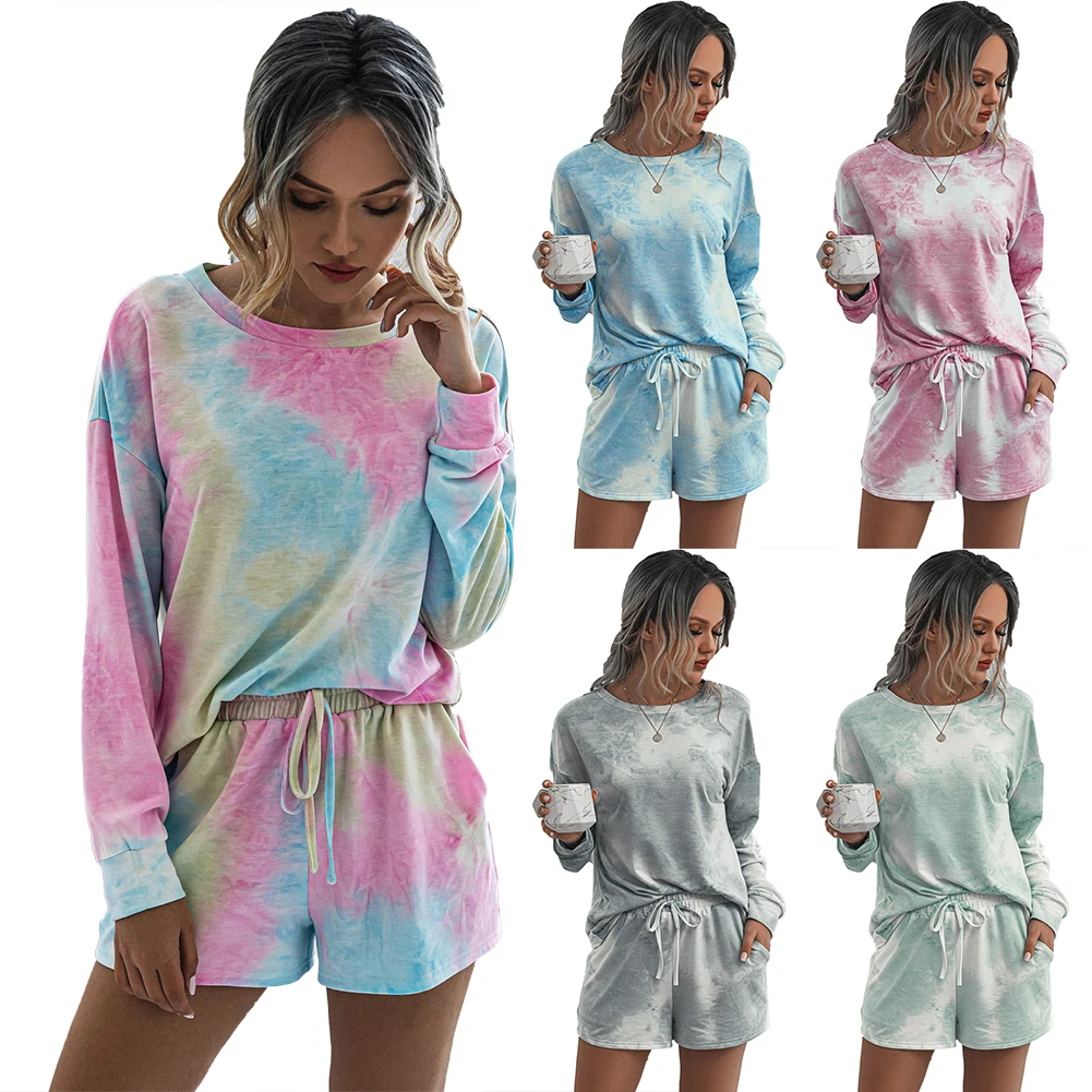 

Women Pajamas Set Summer Casual Tie Dye Homewear Set Blouse Drawstring Shorts Loungewear Sleepwear pyjamas women Nightwear