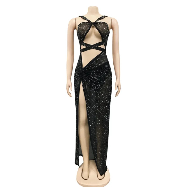 Kricesseen Sexy Black Mesh Glitter Crystal Maxi Dress Women Strap Hollow Out Side High Split Night Clubwear Long Dress Vestidos 4