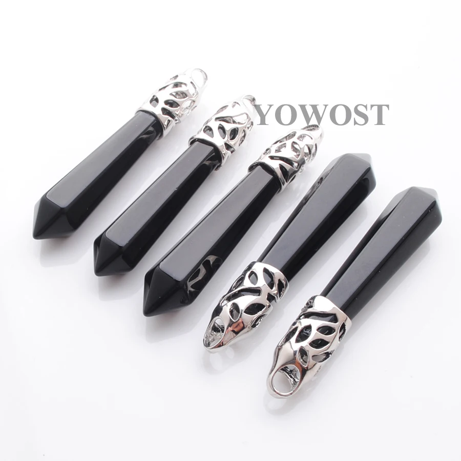 Pretty 5Pcs Jewelry Fit Necklace Natural Gem Stone Long Pendulum Charm Stones Black Agates Pendants Silver Plated Fashion QN3011 | Украшения