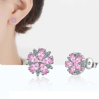 womens fashion cherry blossoms stud earrings minimal pink flower cz stone stud sakura earring piercing jewelry for lady girls