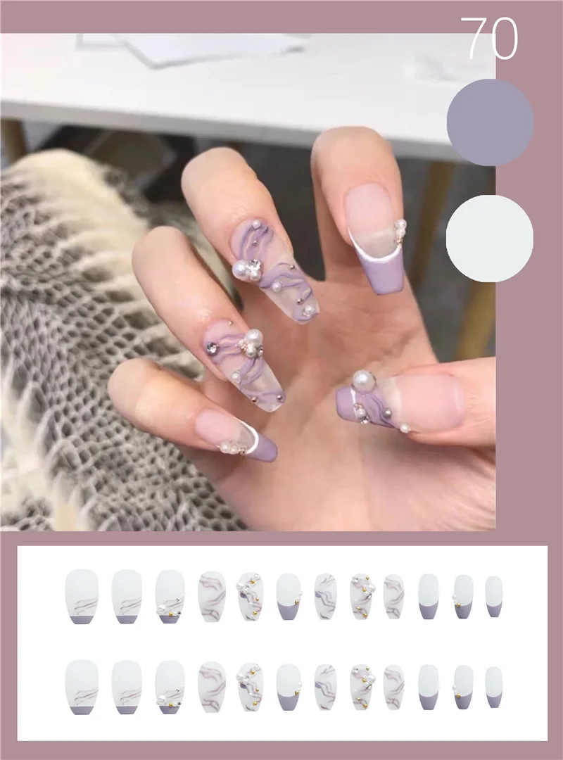 

24pcs Pearls Inlaid Nail Patch Purple Glue Type Removable Long Paragraph Fashion Manicure Save Time False Nail Patch MPwell