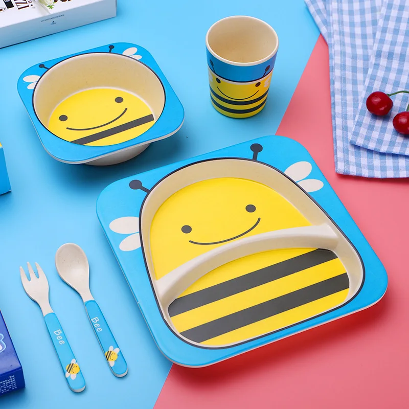 

5pcs/Set Bamboo Fiber Creative Cute Cartoon Household Tableware Divided Baby Children Dinner Plate Fork Spoon Cup Dinnerware Set