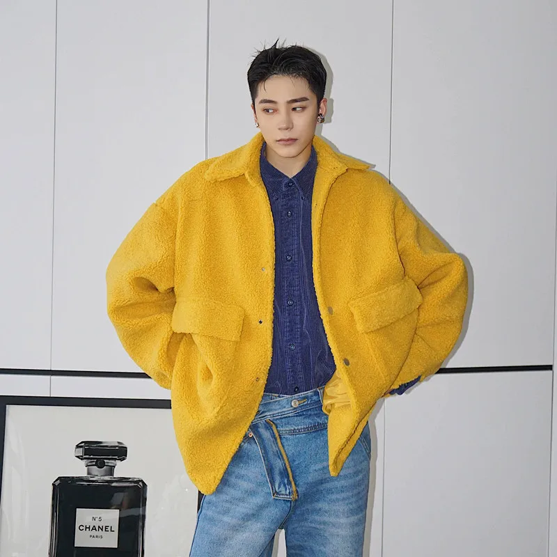 Autumn Winter Men Faux Fur Lambswool Loose Casual Vintage Jacket Overcoat Male Japan Korean Streetwear Warm Coat Outerwear