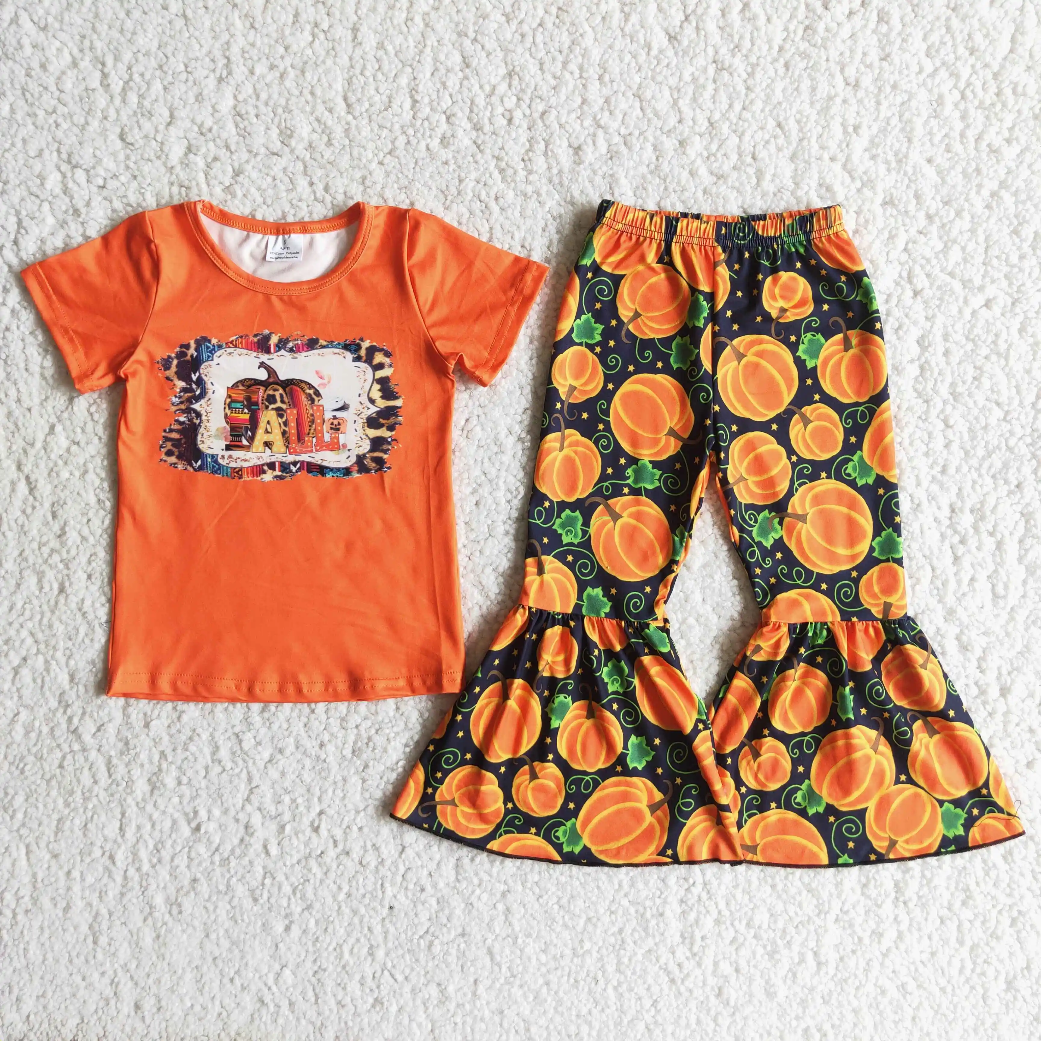 

2021 fall print shirt match pumpkin bell bottom pants girls kids clothing girl children wholesale clothing