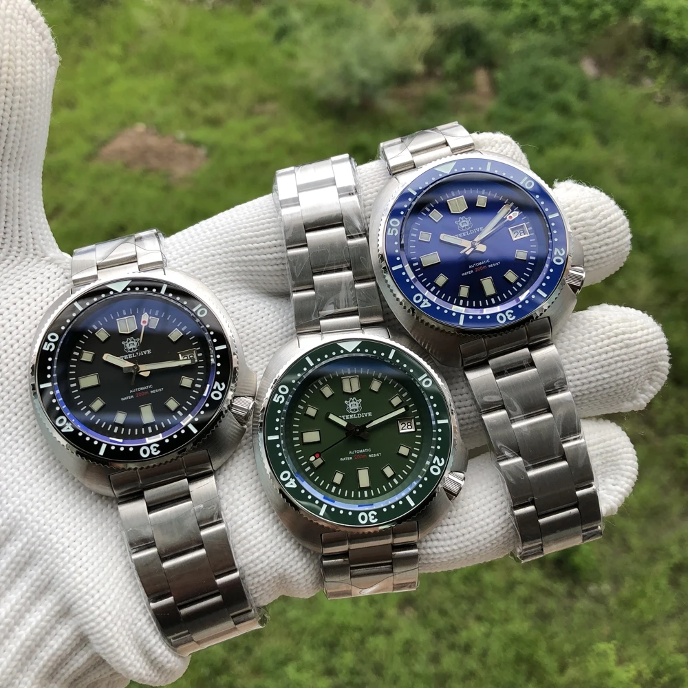 SD1970 GR Steeldive резиновая лента 44MM Мужские часы для дайвинга NH35 с зеленой