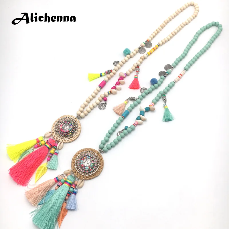 Ручная работа женское круглое ожерелье из ротанга с кисточкой длинное богемное