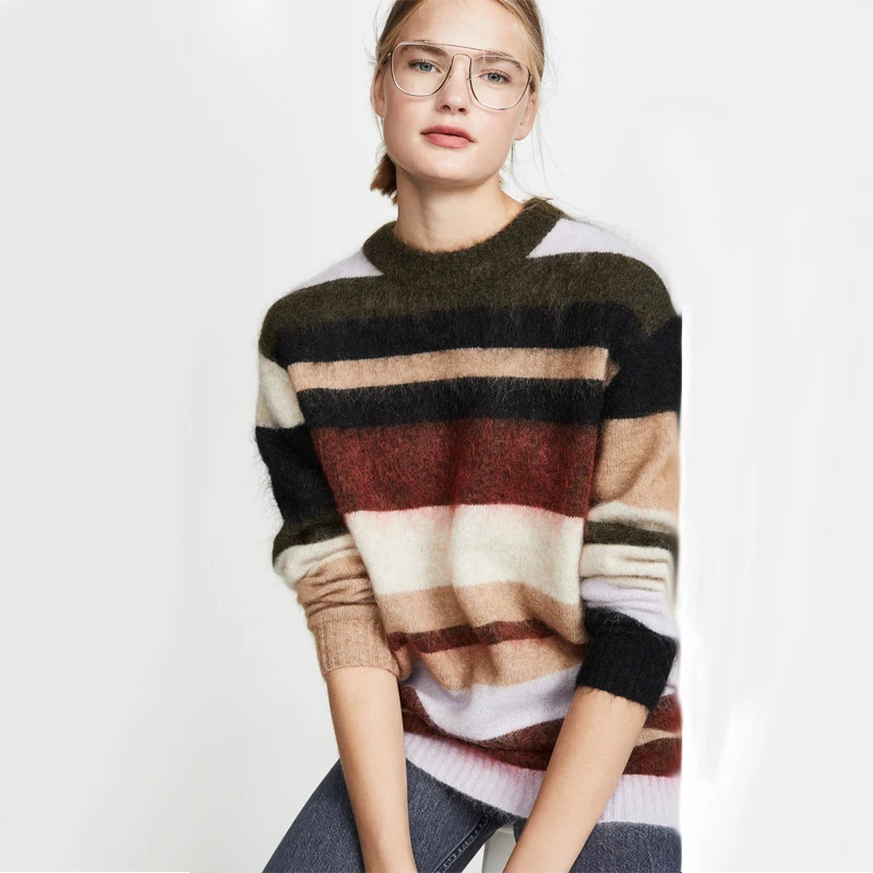 Woman Rainbow Striped Mohair Sweater Loose Long sleeve women sweater Round Neck Pullover Crop | Женская одежда