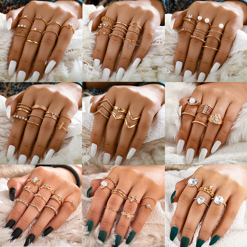 

HuaTang Trendy Crystal Heart Pearl Rings Set for Women Gold Color Geometric Knuckle Finger Rings Female Jewelry Accessiores