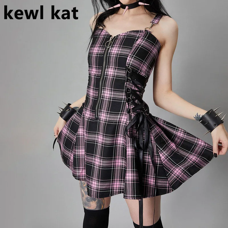 

Gothic Plaid Zip Drawstring A-Line Dress Women High Waist Sexy Backless Mini Dress Y2K Harajuku Suspenders Bandage Dress