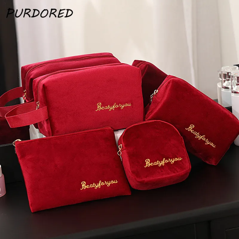 Однотонная косметичка PURDORED 1 шт. мягкая бархатная женская дорожный органайзер