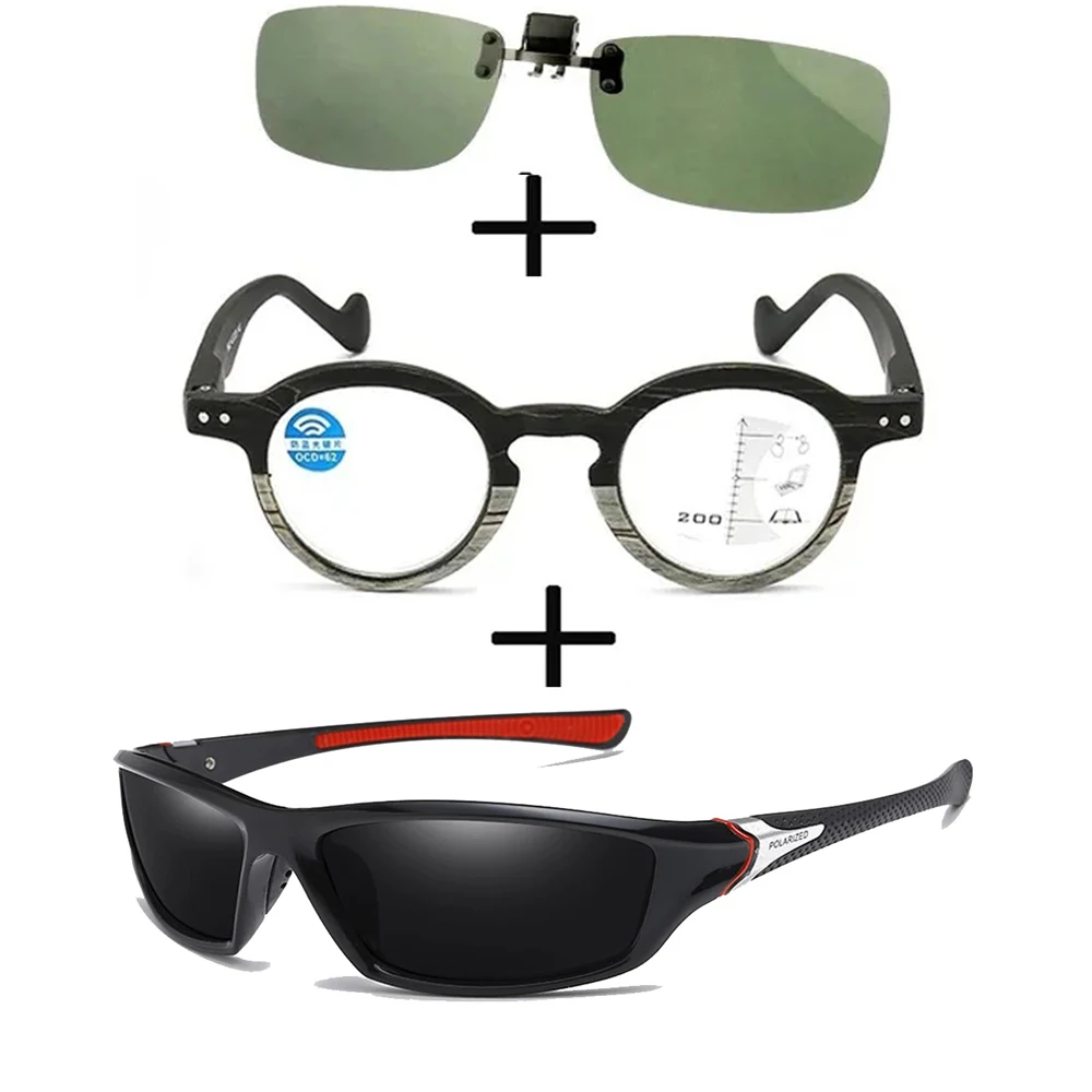 

3Pcs!!! Progressive Anti Blu Lihght Far and Near Reading Glasses for Men Women + Polarized Sunglasses Sports + Sunglasses Clip