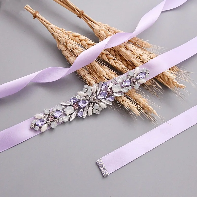 

Lilac Handmade Rhinestone Bridal Jeweled Belt Wedding Sash Belt Crystal Beaded Applique Accessories cinturones pedreria B38
