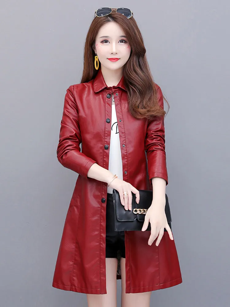 

Spring Autumn PU Leather Jacket Women Fashion Turn Collar Faux Leather Coats Women Elegant Single Breasted Jackets Female
