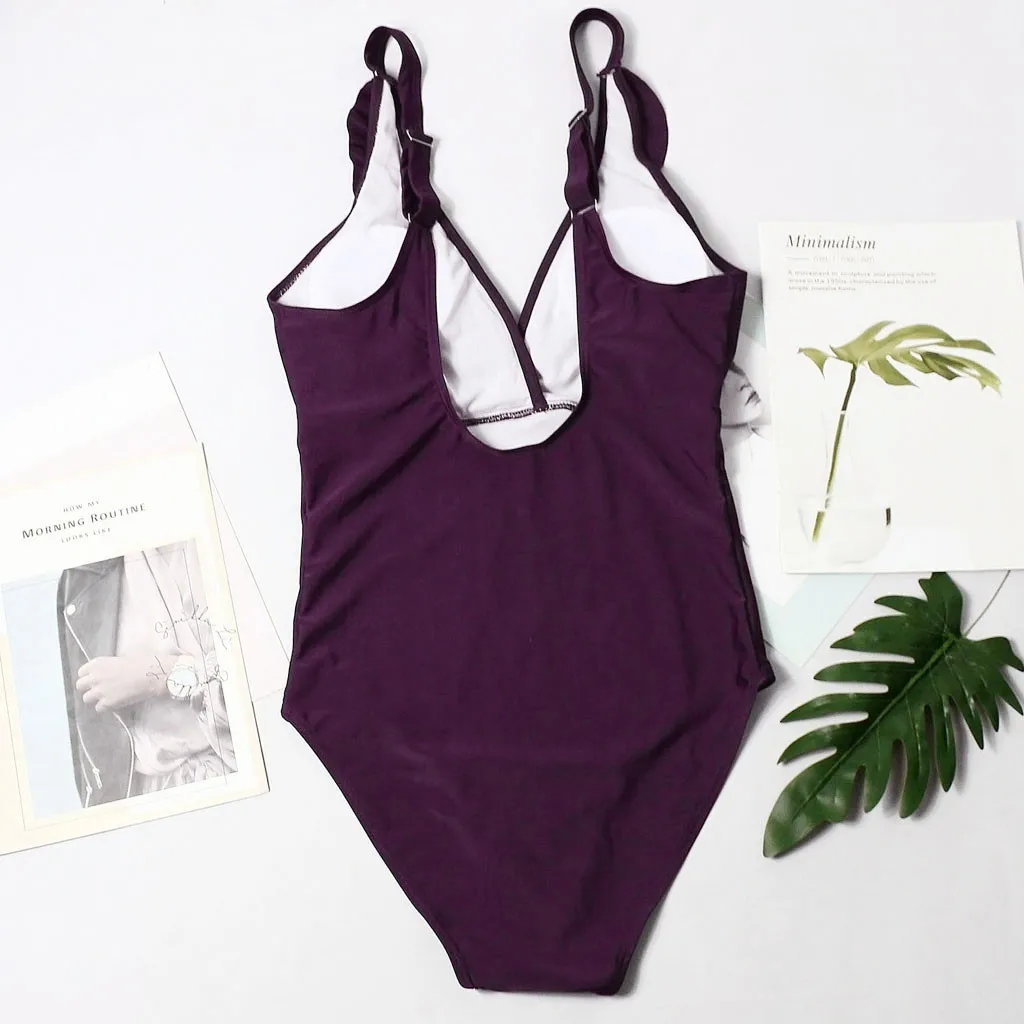 

New Women Solid Swimwear Sexy Bandage One Piece Swimsuit Bathing Suit Bodysuit V-neck Ruffled Brazilian Beachwear Swim Monokini