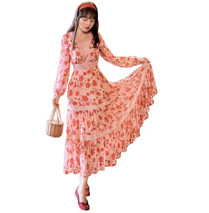 

Elegant Sweet Maxi Dress Floral Print Chiffon Swing Dress Autumn Long Sleeve Ladies Dresses Ropa Mujer