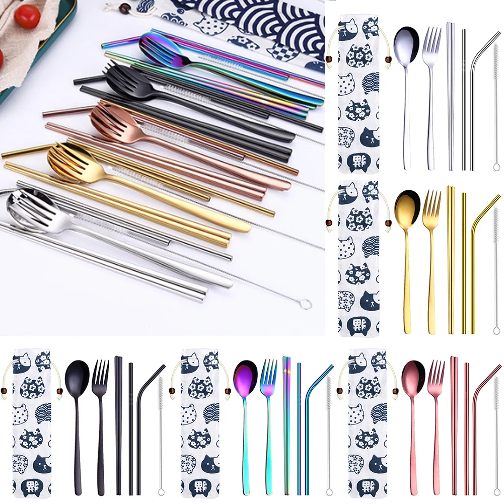 

Travel Dinnerware Set Portable Cutlery Camping Dinner Sets Stainless Steel Tableware Student Dinnerware Sets Kitchen Tableware