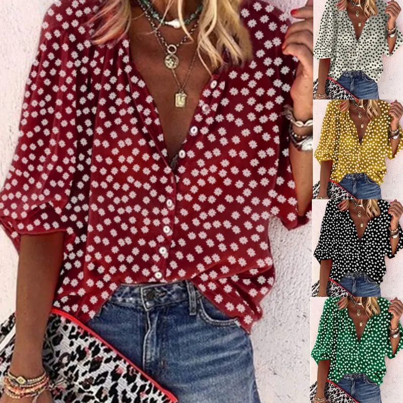 

Women Shirt Autumn Winter Loose Blouse Half Sleeve Deep V-neck Casual Shirt Irregular Ploka Dot Print Blouse