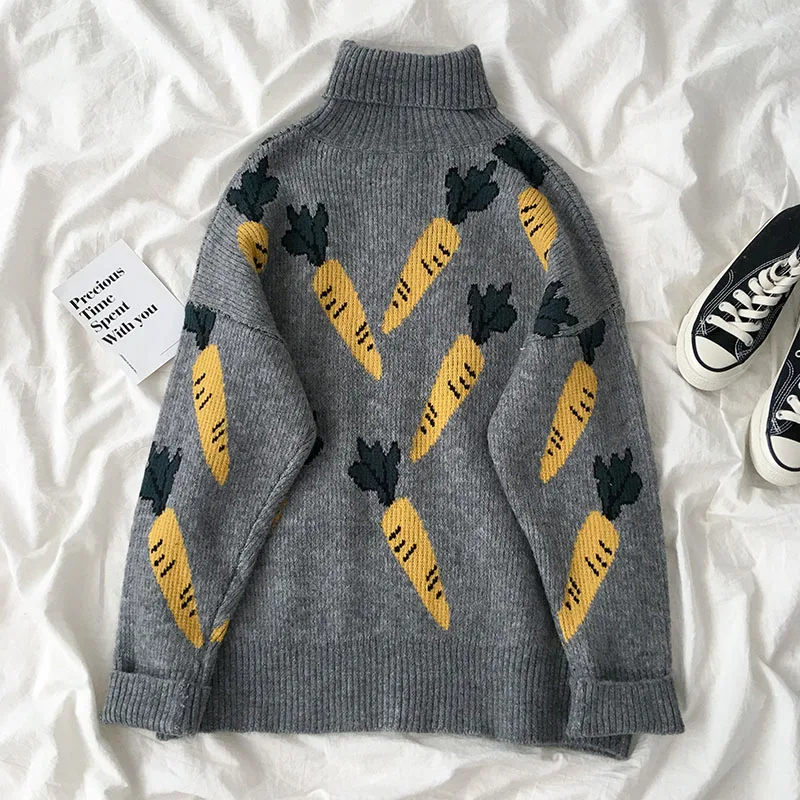 Gaganight Fashion Carrot Pattern Women Sweater Chic Turtleneck Pullover Female Grey Casual Loose Girl Jumper Autumn Winter Thick | Женская