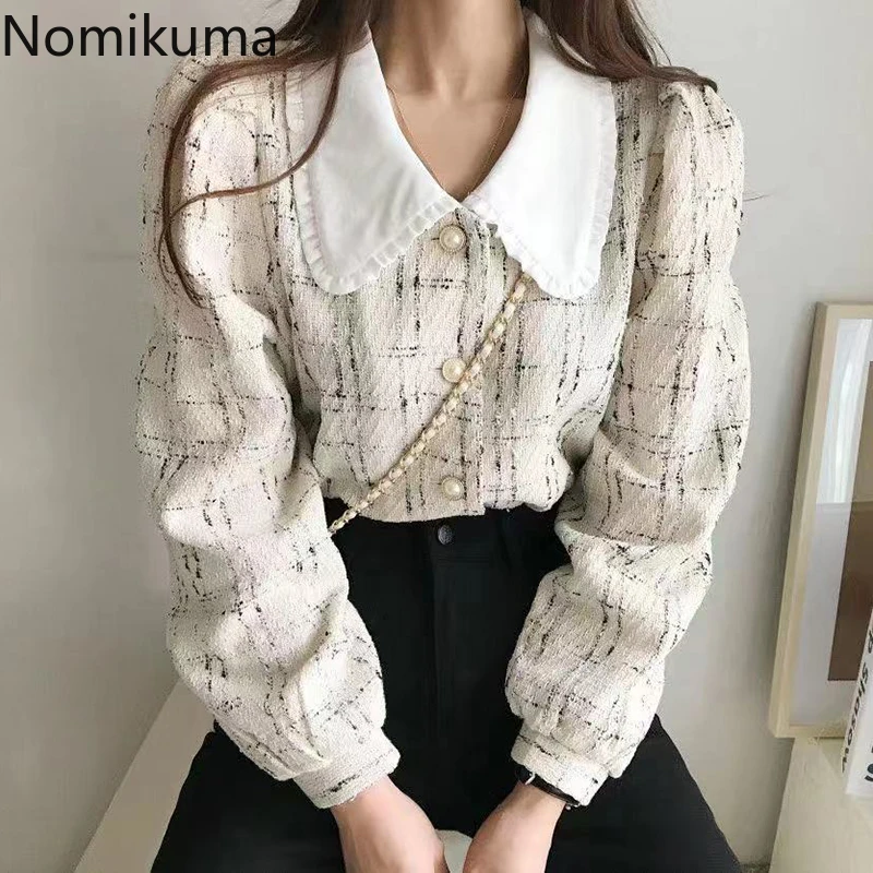 

Nomikuma Blusas Korean Plaid Shirts Contrast Color Turn Down Collar Long Sleeve Blouse Single Breasted Vintage All-match Tops