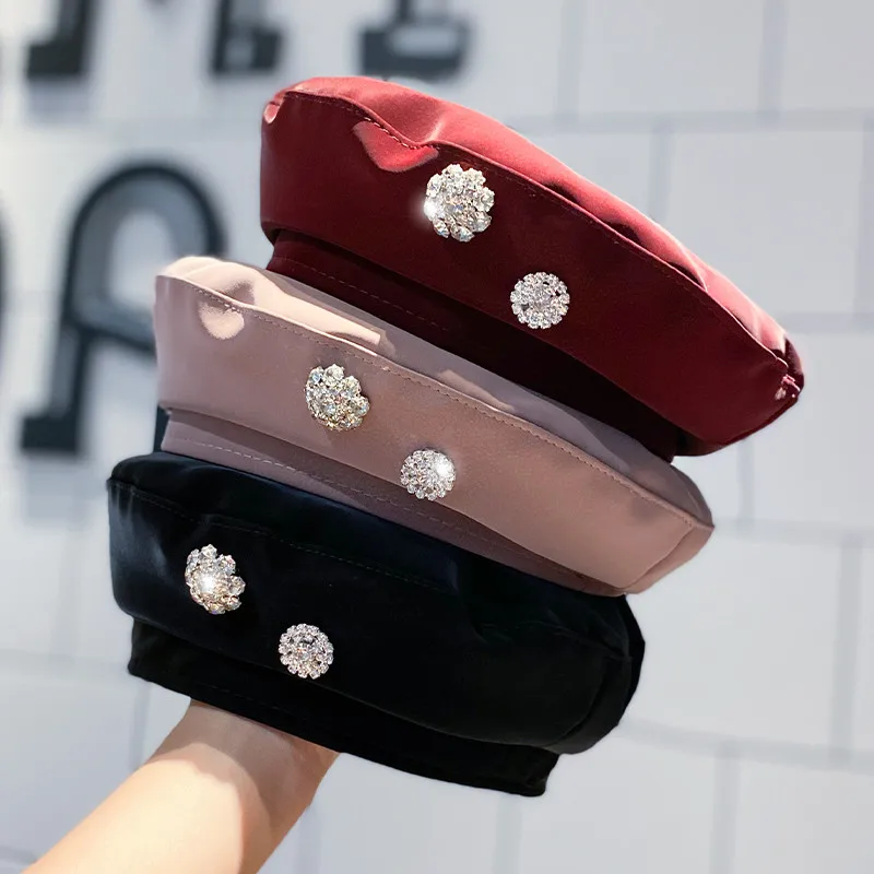 

Luxury Designer Diamond Decoration Beret Hat for Women French Baret Cap with Embellishment PU Leather Painter Octagonal Hats