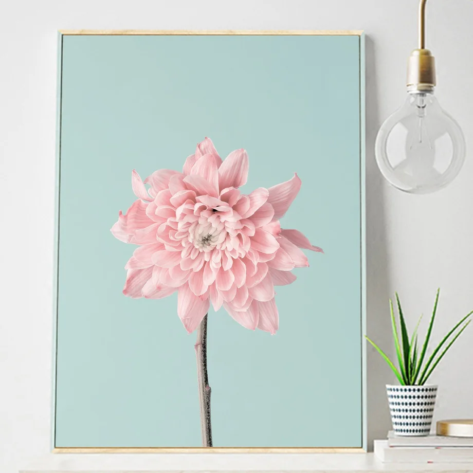 Картина на холсте с розовыми хризантемами голубом фоне свежие скандинавские
