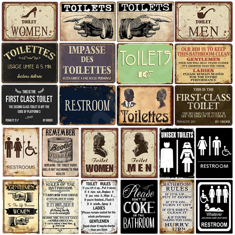

Toilet Bathroom Tin Signs Metal Vintage Plaque WC Poster Cafe Farmhouse Bar Pub Wall Decorative Bathroom Painting Plate